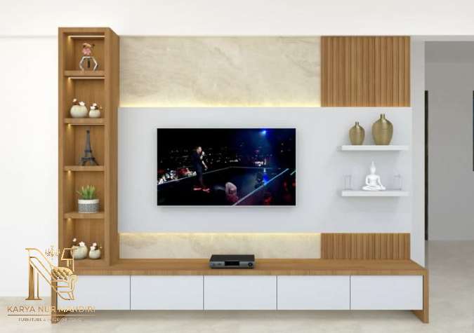 Jasa Spesialis Backdrop TV Minimalis HPL Tukang Profesional