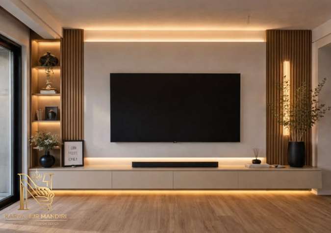Spesialis backdrop tv Jakarta HPL minimalis bebas survey